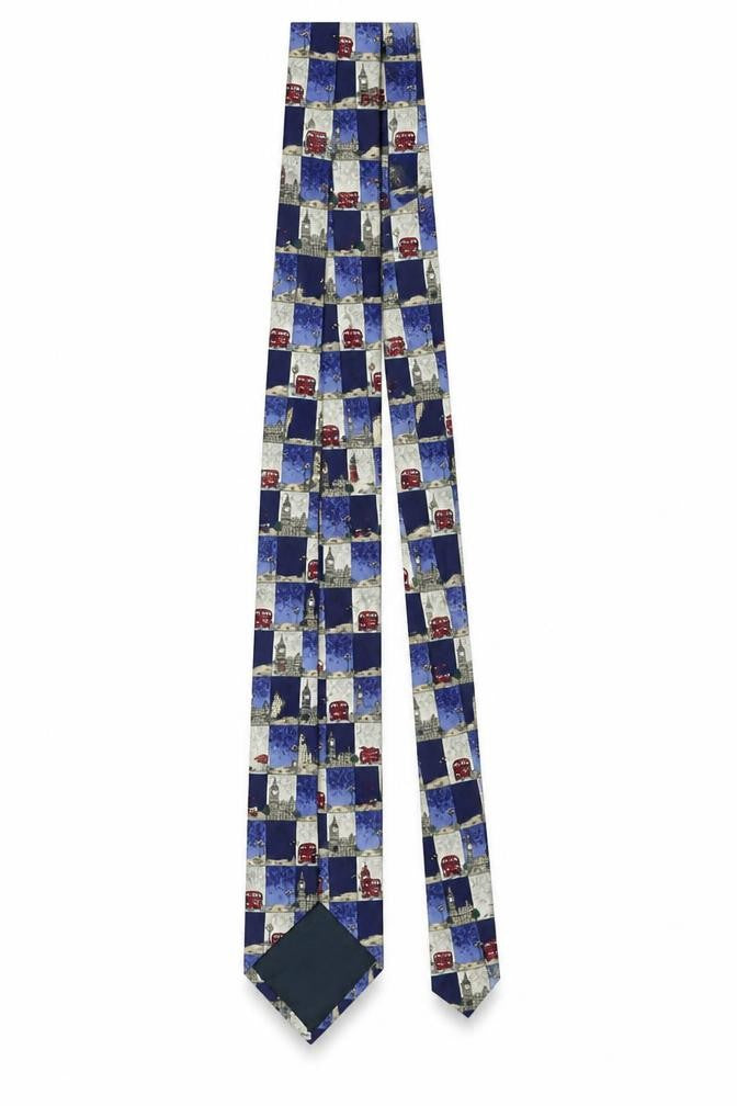 Front view of Marks & Spencer Men Blue Silk London Theme Pattern Tie 176cm