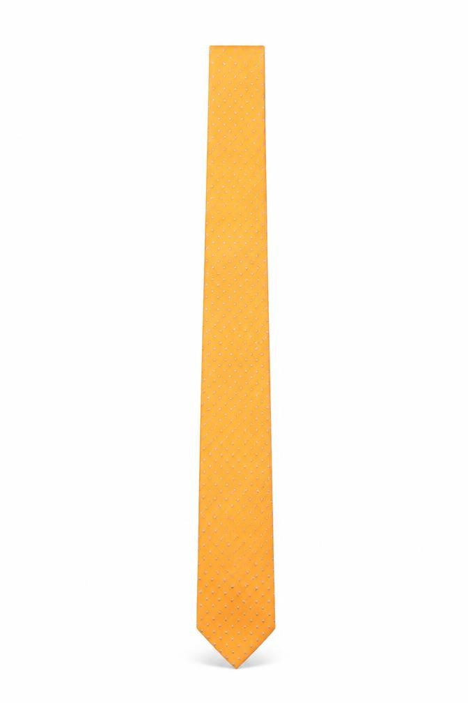 Front view of A39 Savile Row Men's Gold Silk Polka Dot Slim Tie