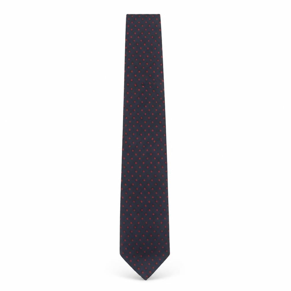 Front view of Enrico Rossini Men's Blue Red Polka Dot Slim Tie Polyester