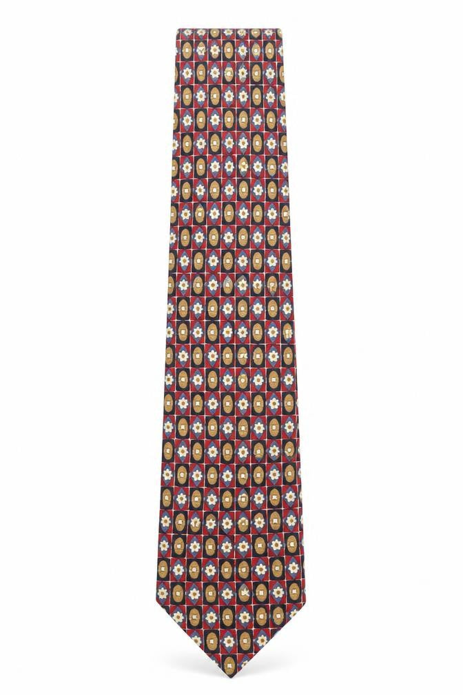 Front view of Jonelle Men's Red Geometric Silk Tie Made in England 176cm