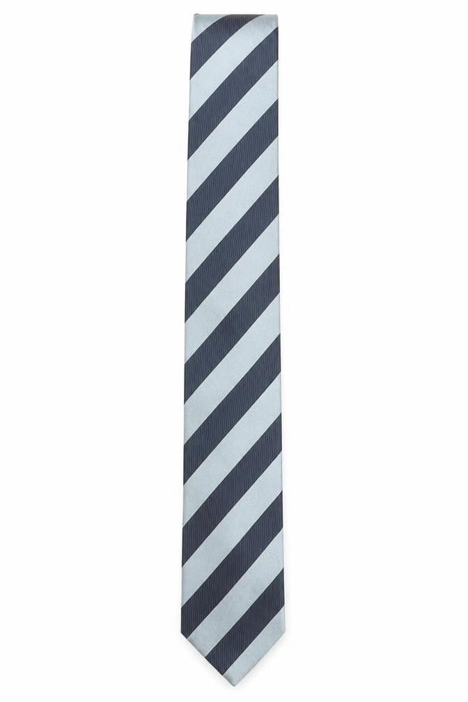 Front view of La Corona Men’s Blue Striped Silk Pointed Tie