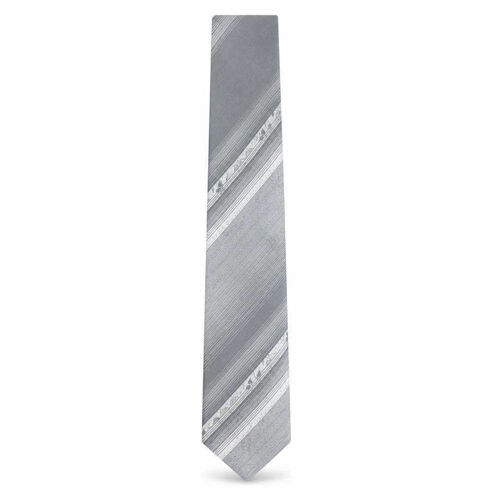 Front view of Pierre Balmain Men’s Grey Striped Designer Tie Made in Britain