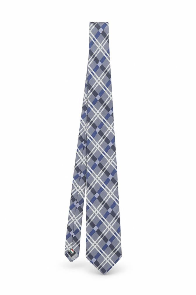 Front view of Profuomo Men's Blue Grey Plaid Silk Tie Made in Italy