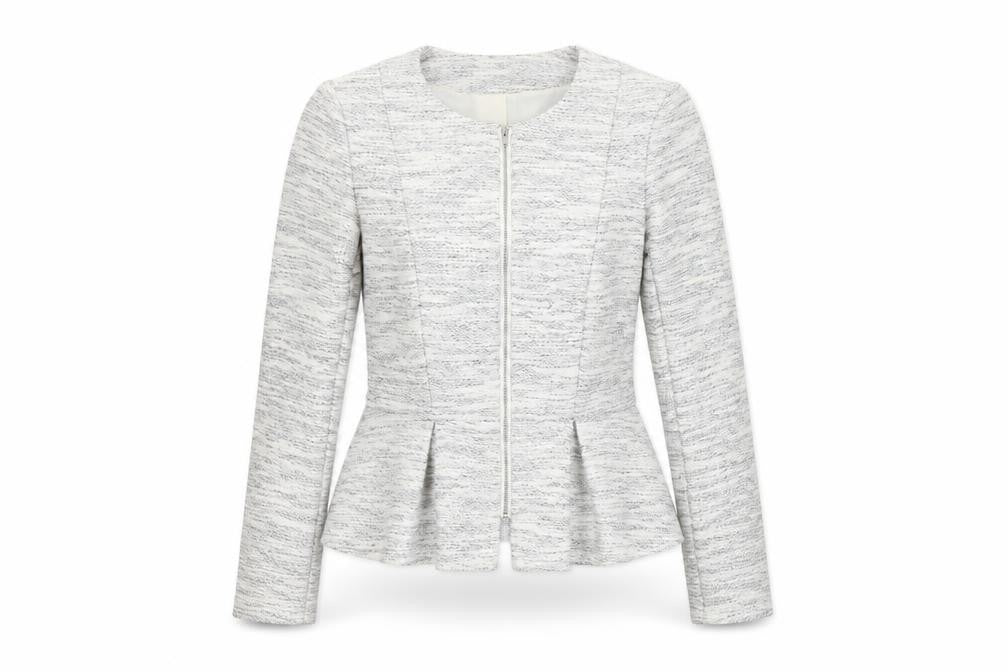 Front view of H&M Divided Women's Grey Peplum Zip Suit Jacket, size 8
