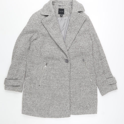 New Look Women Grey Wool Blend Mid-Length Herringbone Coat Size 14