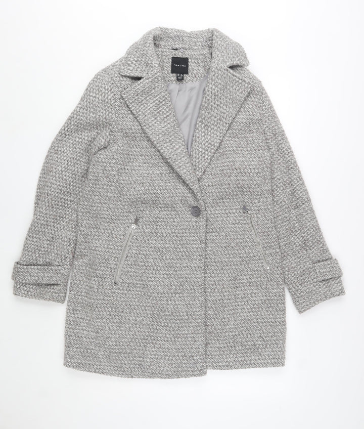 New Look Women Grey Wool Blend Mid-Length Herringbone Coat Size 14