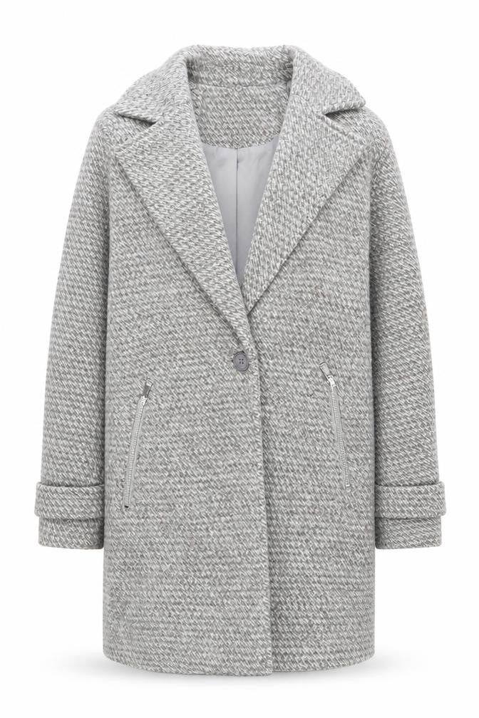 Front view of New Look Women Grey Wool Blend Mid-Length Herringbone Coat, size 14