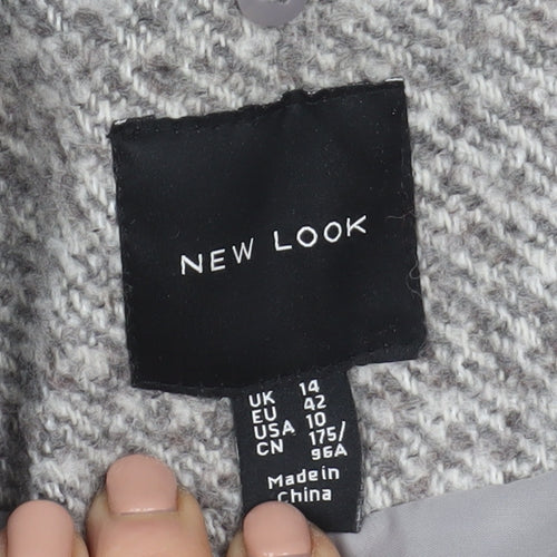 New Look Women Grey Wool Blend Mid-Length Herringbone Coat Size 14