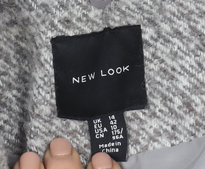 New Look Women Grey Wool Blend Mid-Length Herringbone Coat Size 14