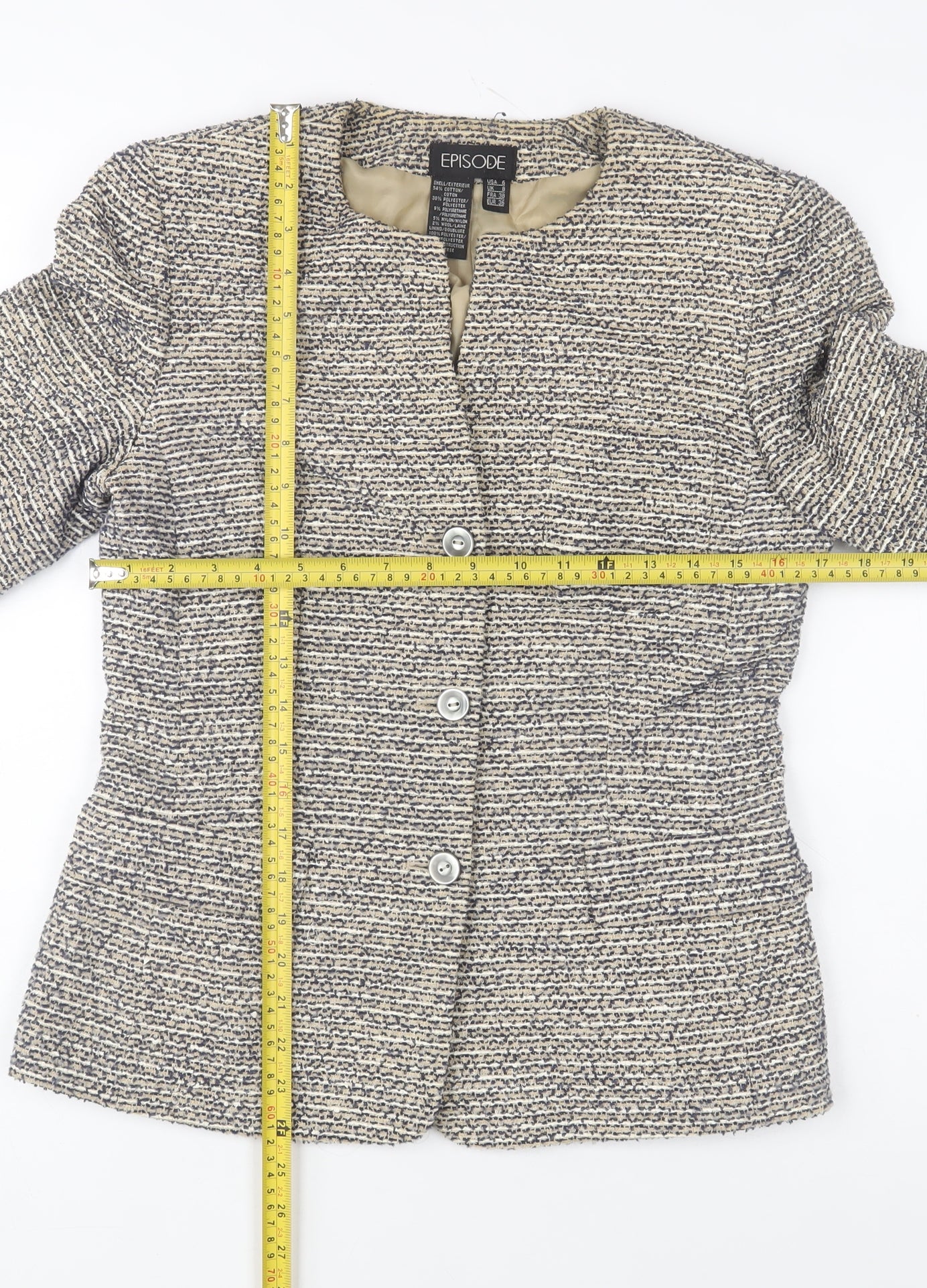 Episode Women's Beige Tweed Button Blazer Jacket Size 8