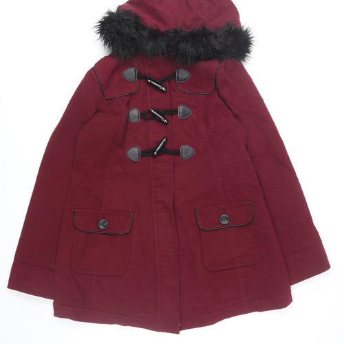 New Look Maternity Burgundy Duffle Coat UK 12 Hooded Fur Trim Women's Winter Jacket