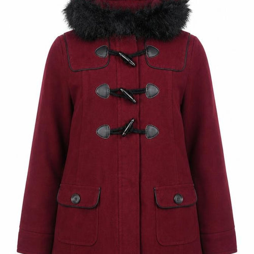 New Look Maternity Burgundy Duffle Coat UK 12 Hooded Fur Trim Women's Winter Jacket