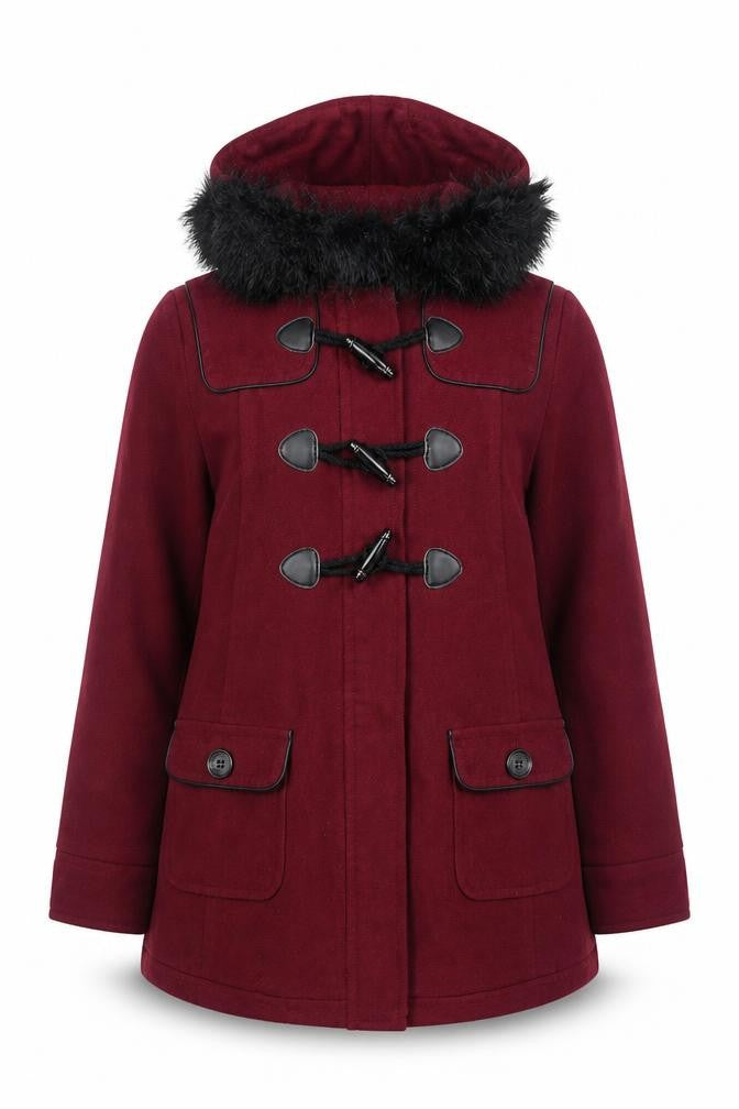 New Look Maternity Burgundy Duffle Coat UK 12 Hooded Fur Trim Women's Winter Jacket