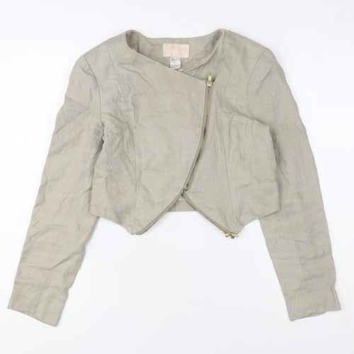 H&M Women’s Beige Linen Cropped Biker Jacket Size 8