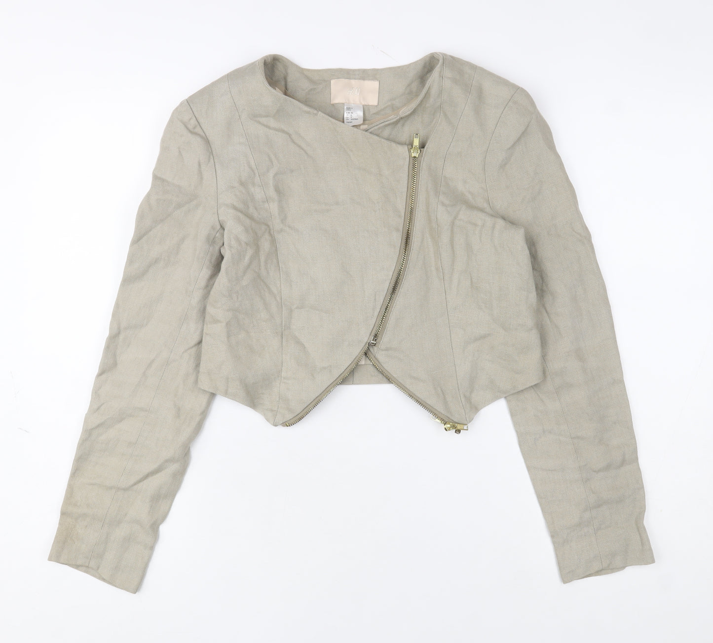 H&M Women’s Beige Linen Cropped Biker Jacket Size 8