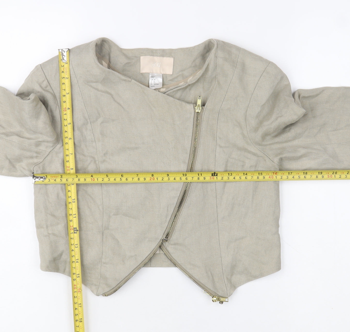 H&M Women’s Beige Linen Cropped Biker Jacket Size 8