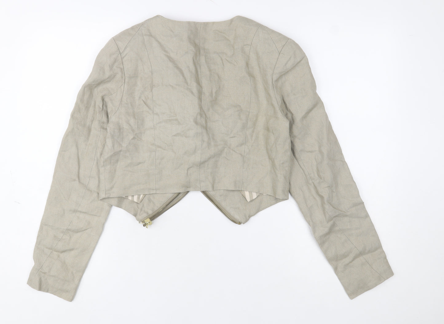 H&M Women’s Beige Linen Cropped Biker Jacket Size 8
