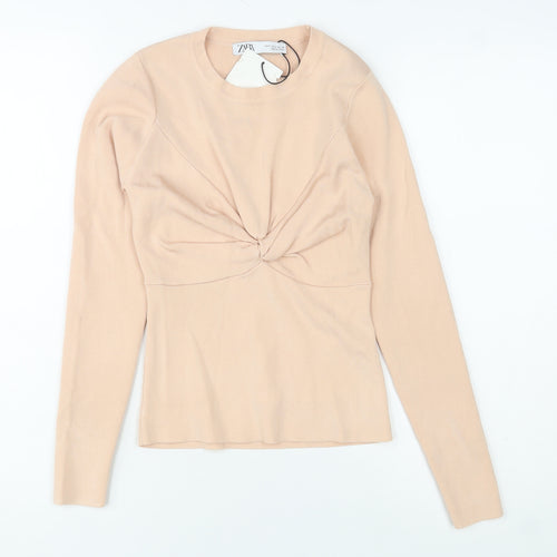 Zara Women Beige Knit Slim Fit Long Sleeve Crew Neck Blouse Size 8