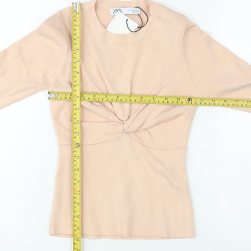 Zara Women Beige Knit Slim Fit Long Sleeve Crew Neck Blouse Size 8
