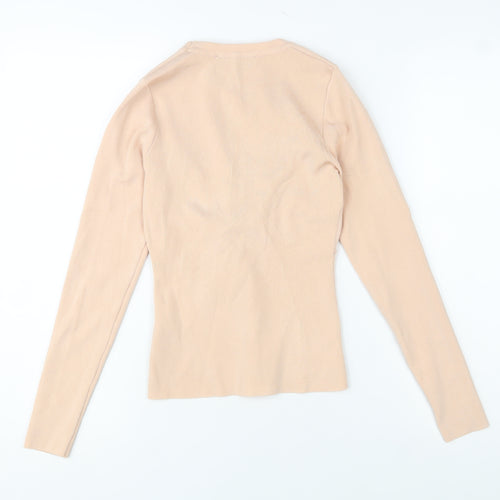 Zara Women Beige Knit Slim Fit Long Sleeve Crew Neck Blouse Size 8