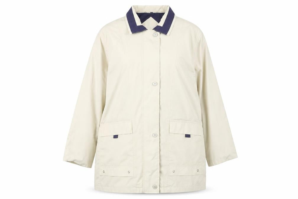 Front view of Outer Layer Women's Beige Rain Coat, size 16, Waterproof Mid-Length
