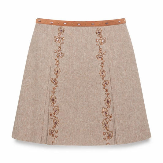 Front view of F&F Women's Beige Embroidered A-Line Tweed Skirt, size 20