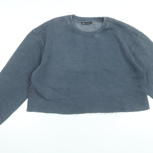 Zara Womens Blue Cropped Pullover Sweatshirt Size M Cotton Blend
