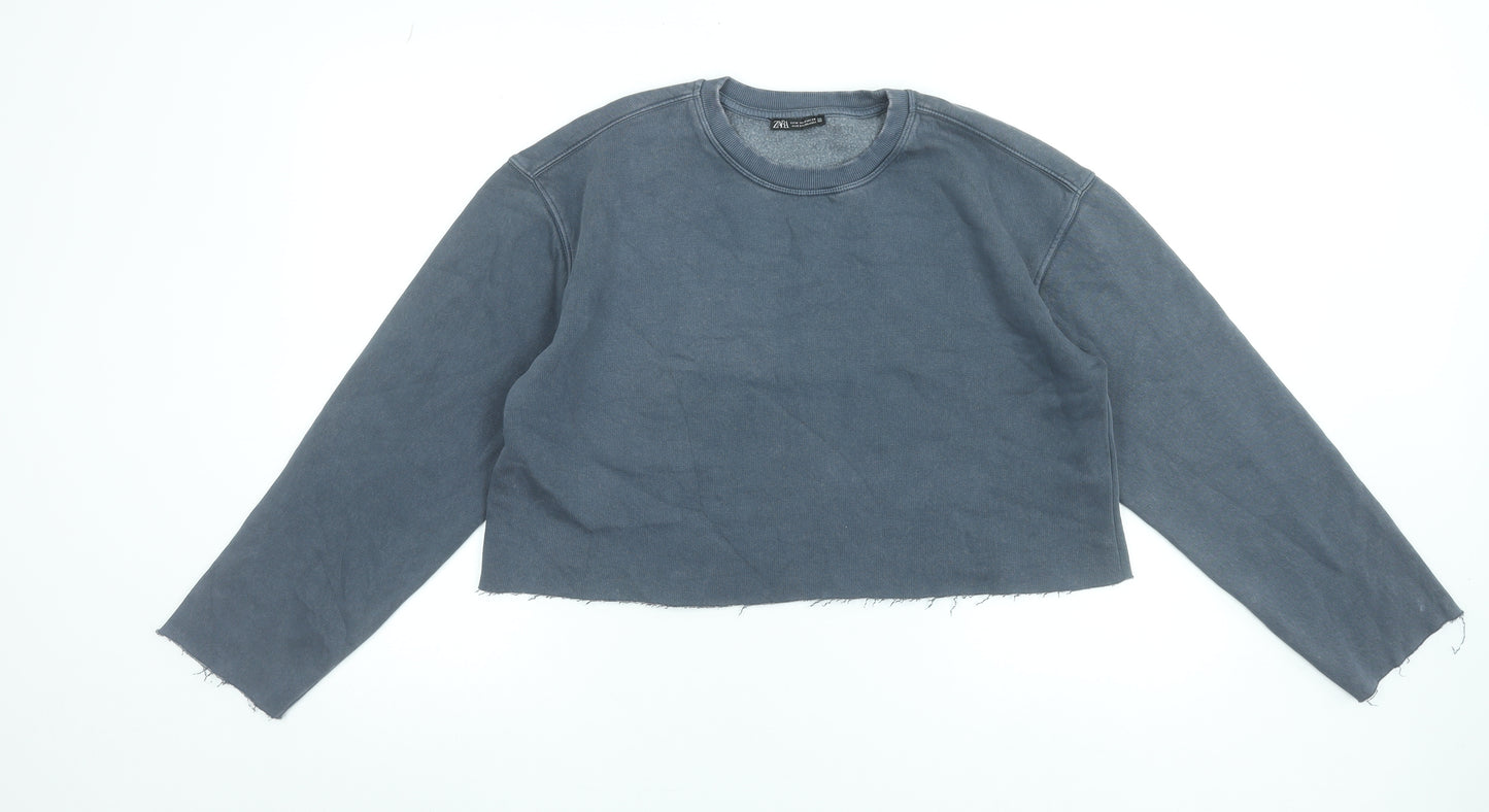Zara Womens Blue Cropped Pullover Sweatshirt Size M Cotton Blend