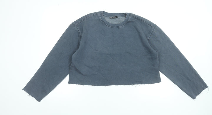 Zara Womens Blue Cropped Pullover Sweatshirt Size M Cotton Blend