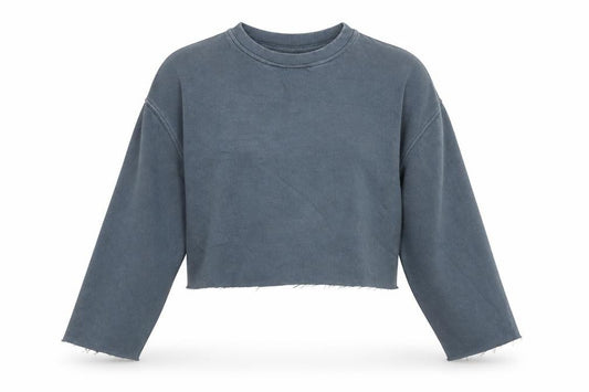 Front view of Zara women’s blue cropped pullover sweatshirt, size M, cotton blend