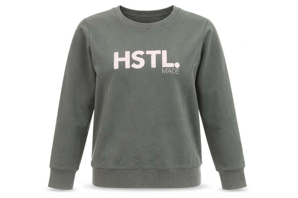 Front view of HSTL Made Women's Khaki Crew Neck Pullover Sweatshirt, size S