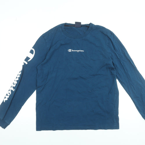 Champion Men's Blue Long Sleeve Cotton Crew Neck T-Shirt M