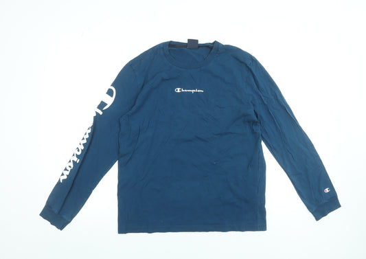 Champion Men's Blue Long Sleeve Cotton Crew Neck T-Shirt M