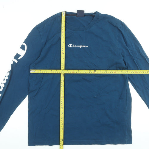 Champion Men's Blue Long Sleeve Cotton Crew Neck T-Shirt M