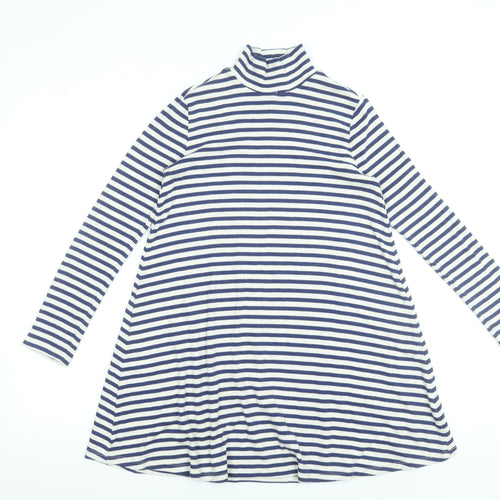Gap Teens Blue White Striped A-Line Jersey Dress Long Sleeve Roll Neck 10-12