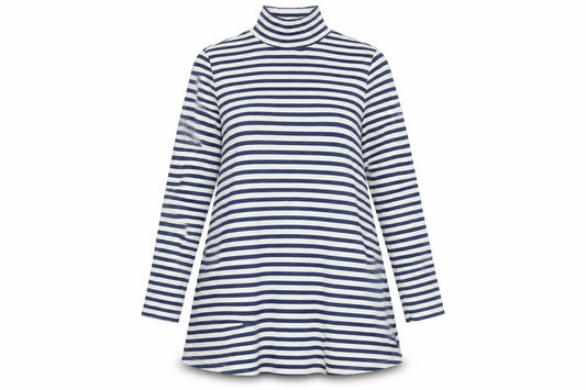 Front view of Gap Teens Blue White Striped A-Line Jersey Dress Long Sleeve Roll Neck 10-12