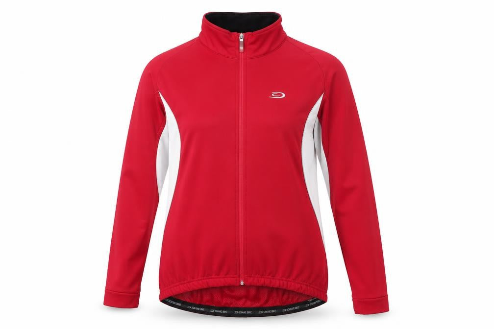 Front view of Crane Women Red Softshell Cycling Jacket, size M, Full Zip Reflective Sportswear