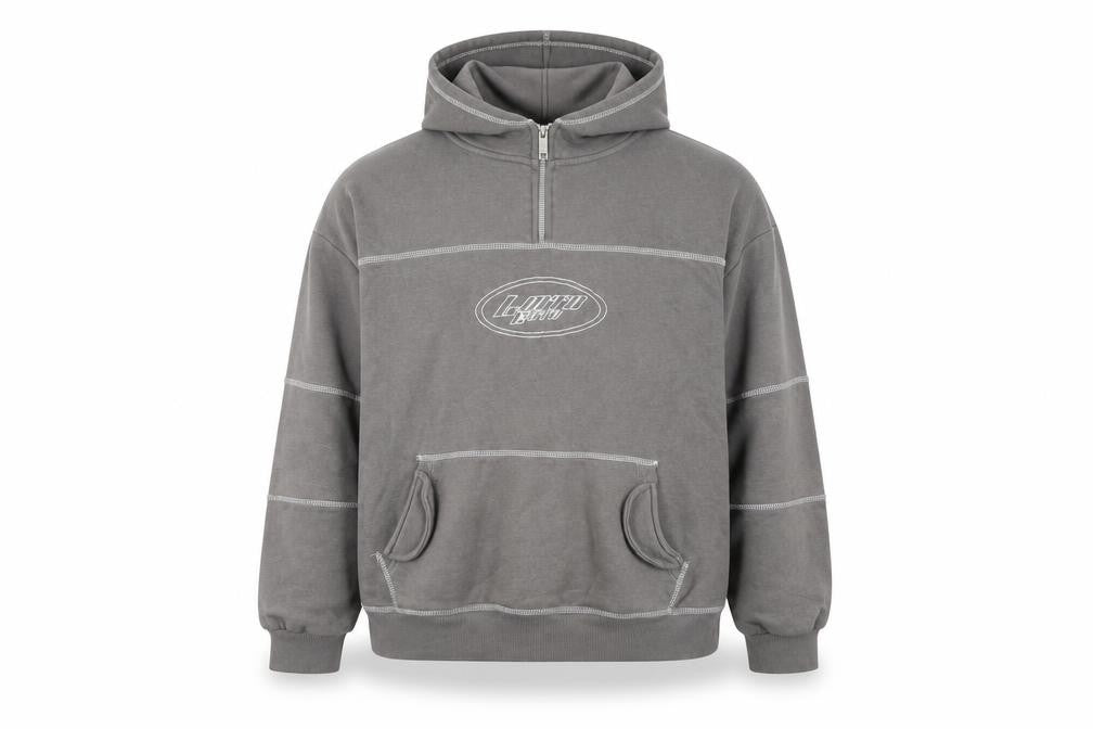 Front view of boohooMAN Men's Grey 1/2 Zip Hoodie M Logo Fleece Pullover