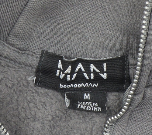boohooMAN Men's Grey 1/2 Zip Hoodie M Logo Fleece Pullover
