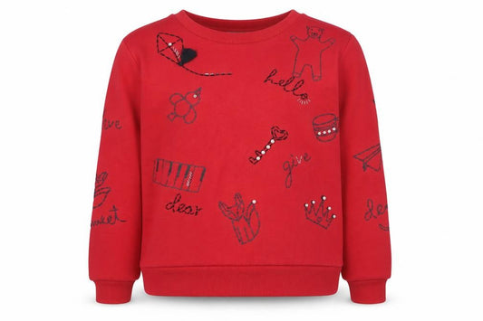 Front view of b+ab women’s red embroidered pullover sweatshirt, size S
