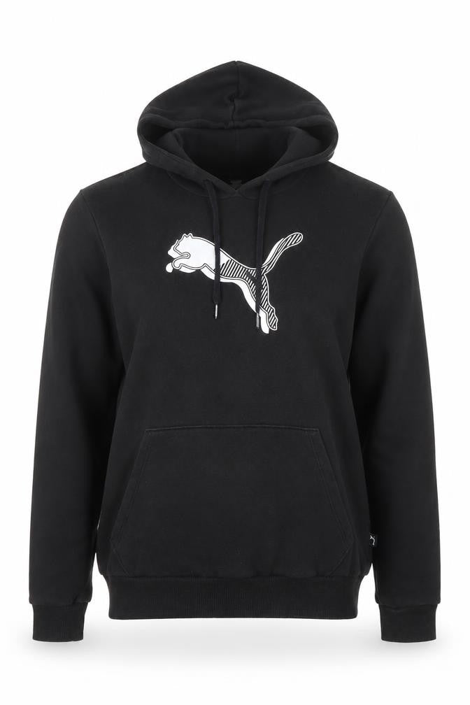 Front view of Puma women’s black hoodie medium pullover cotton blend logo print
