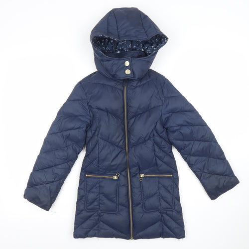 Next Girls Blue Long Hooded Puffer Coat 7 Years Quilted Zip Winter Jacket