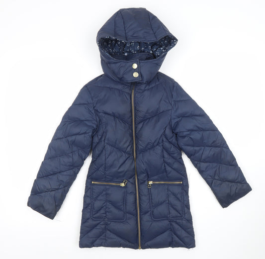 Next Girls Blue Long Hooded Puffer Coat 7 Years Quilted Zip Winter Jacket