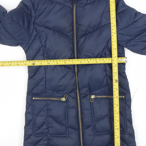 Next Girls Blue Long Hooded Puffer Coat 7 Years Quilted Zip Winter Jacket
