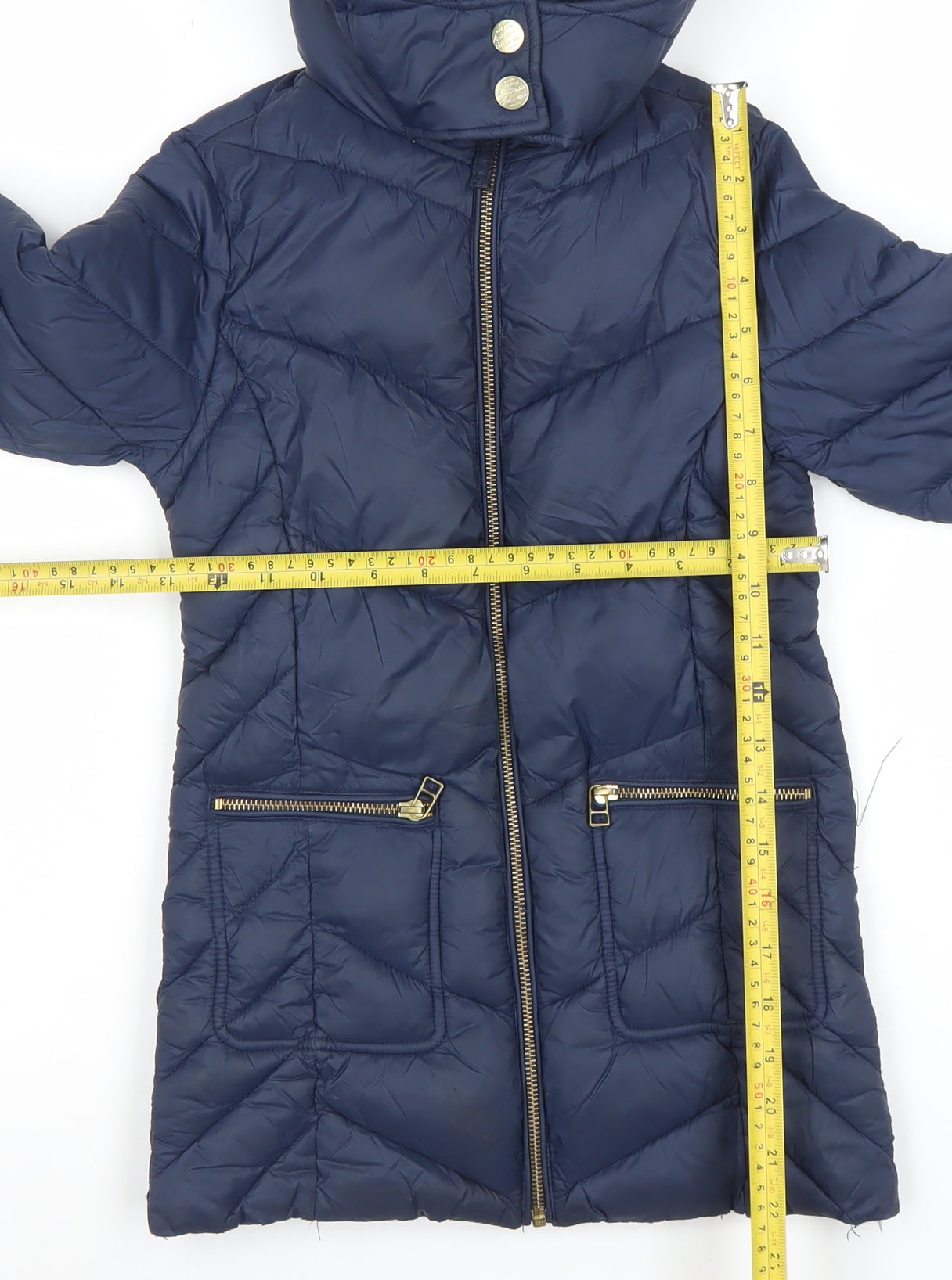 Next Girls Blue Long Hooded Puffer Coat 7 Years Quilted Zip Winter Jacket