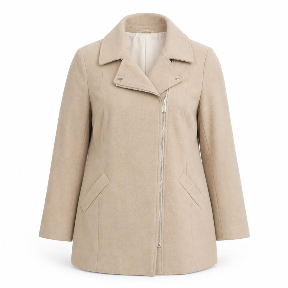 Front view of River Island Women’s Beige Wool Blend Biker Coat, size UK 16