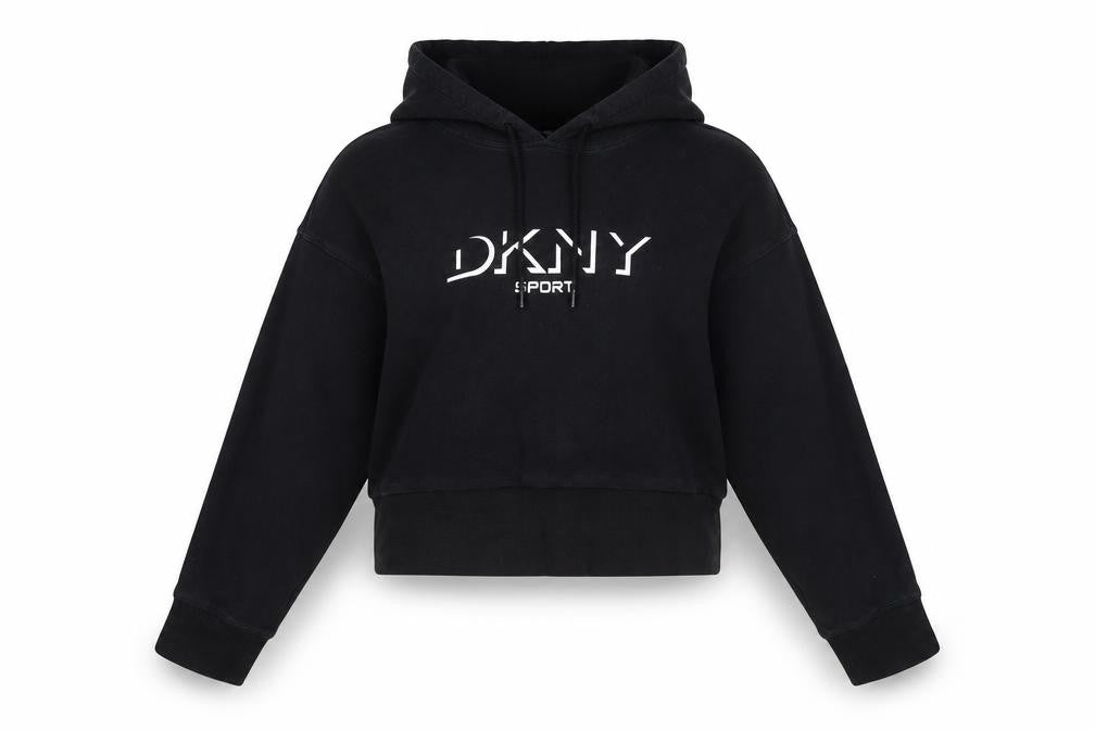 Front view of DKNY Sport Women's Black Hoodie Medium 100% Cotton Pullover