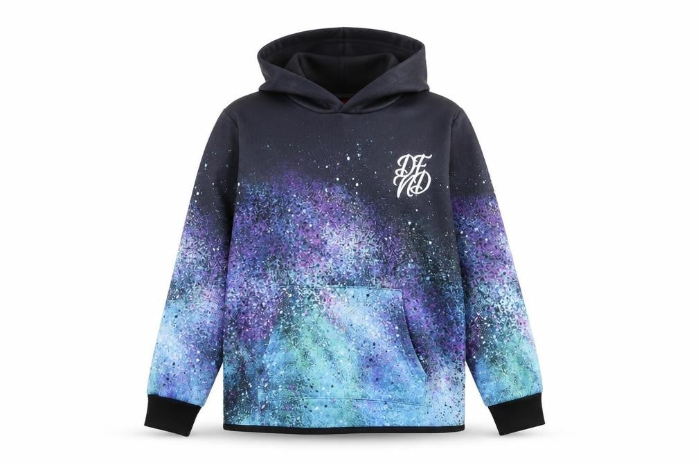 Front view of DFND boys’ multicoloured galaxy pullover hoodie 11-12 years polyester