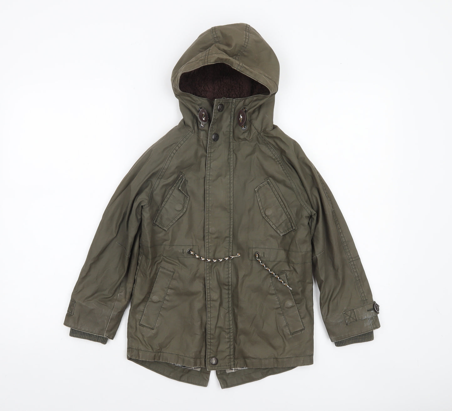 Next Boys Green Hooded Parka Jacket 6 Years Lined Mid-Length Cotton Winter Coat