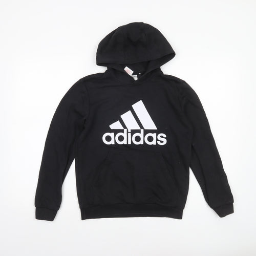 Adidas Boys Black Pullover Hoodie 11-12 Years Logo Cotton Blend